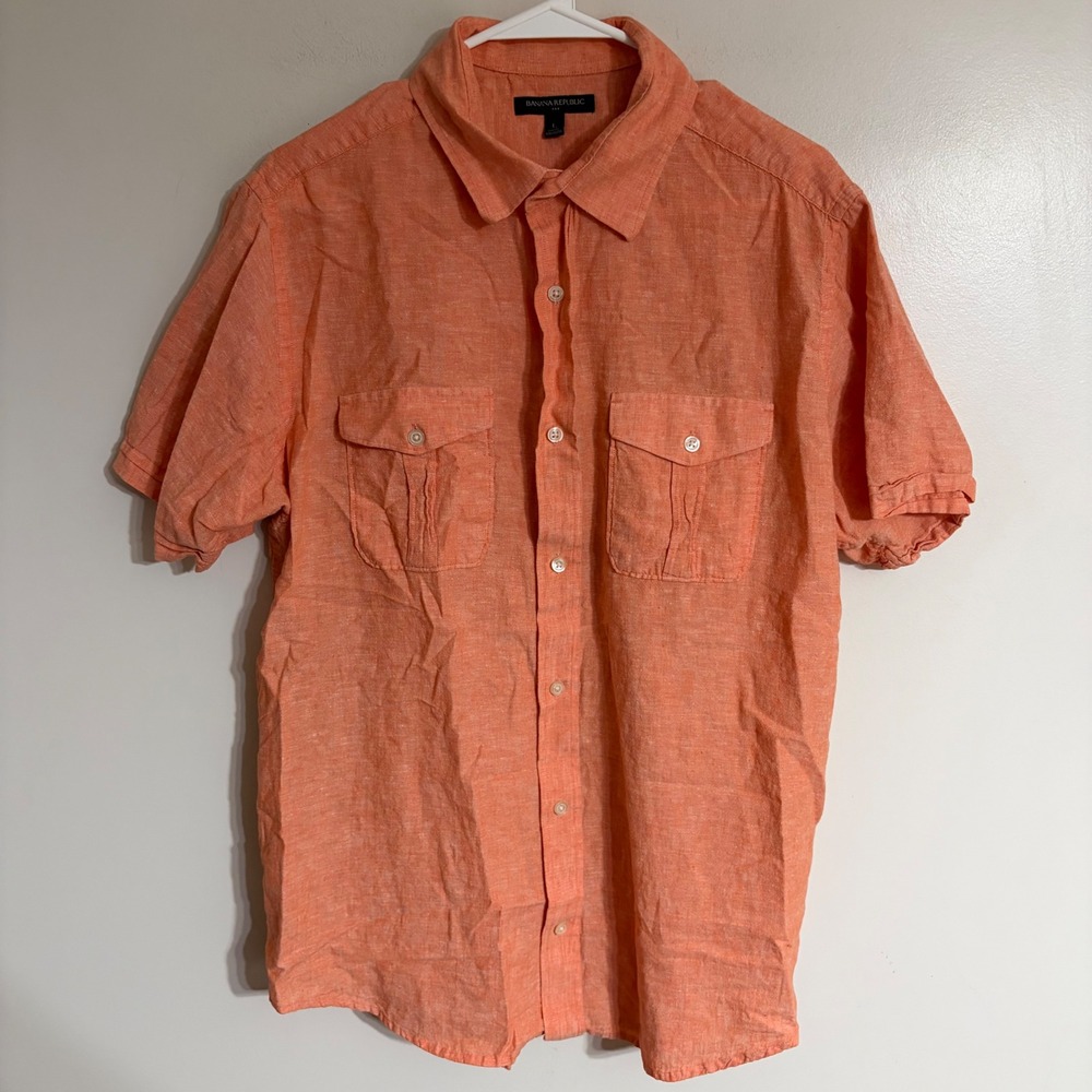 Banana Republic Mens Orange Burst Linen Cotton Short Sleeve Button Down Shirt L